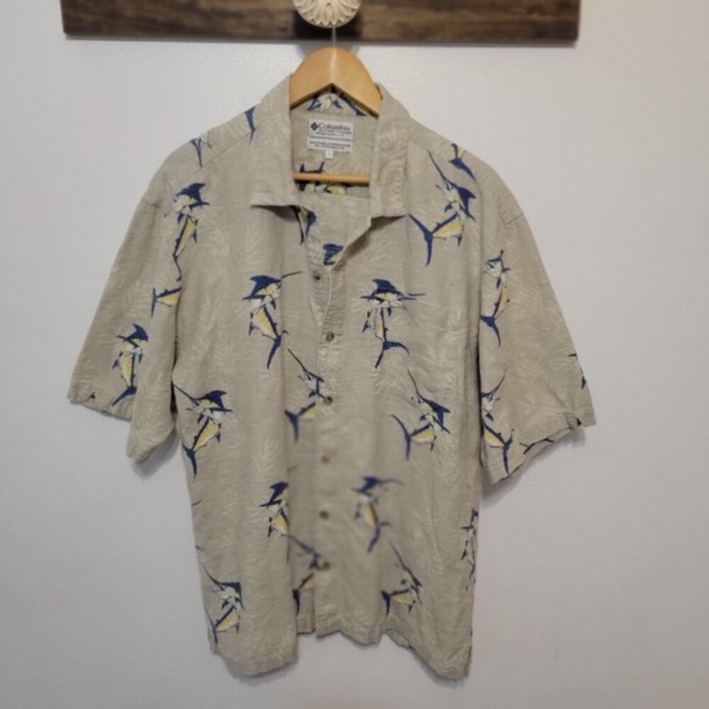 Columbia Mens Marlin‎ Fish Print Short Sleeve Button Down Shirt Tan Blue Large